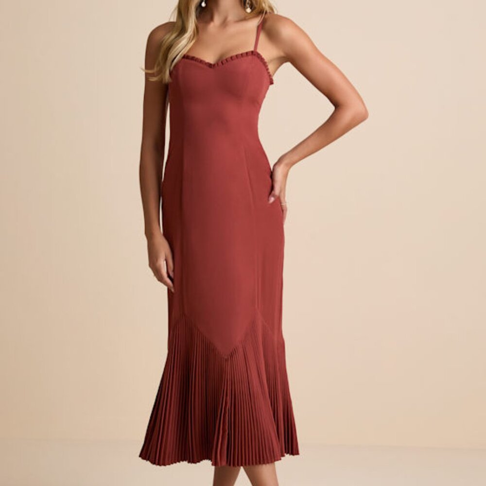 Lulus Channa Rust Red Pleated Hem Midi Dress - Size XS